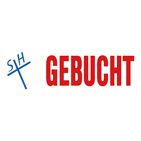 Logo with blue cross and red lettering GEBUCHT.
