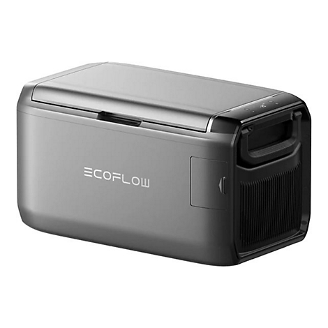 Graue EcoFlow Kompressor-Kühlbox vor weißem Hintergrund.