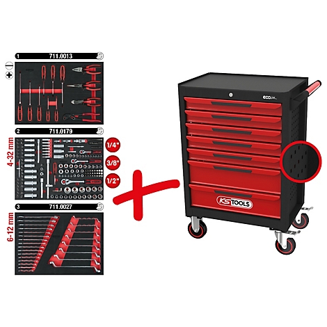 Werkzeugwagen mit roter Front und Werkzeugkästen, Kreuz-Symbol und Werkzeug-Sets.