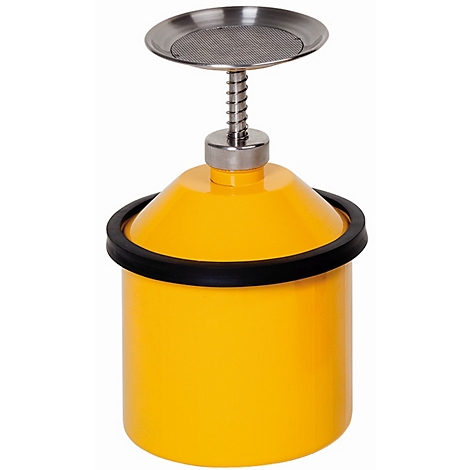 Yellow kitchen gadget with sieve. A round, yellow container with black ring, above a conical lid. A sieve is attached with a spring.