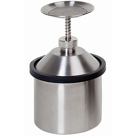 Stainless steel espresso tamper. Cylindrical body, conical lid with black rubber ring, coil spring and sieve.
