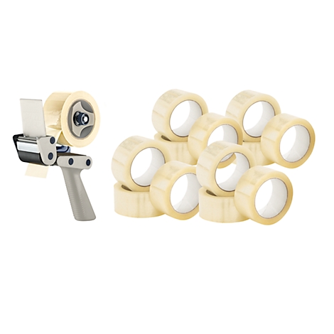 Tape gun and rolls of transparent tape. The tape gun is gray-black, the tape light.