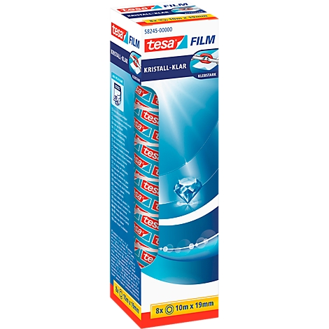 Package of tesa crystal clear film. Product with blue-red band and white lettering.
