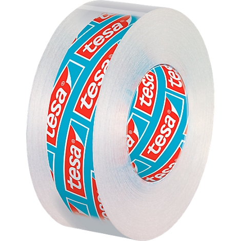 Transparent tape on a roll with the Tesa logo. The tape is partially unrolled.