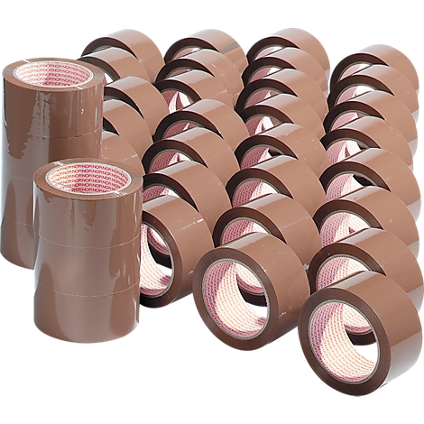 Numerous brown adhesive tape rolls. Some standing upright, others lying. Pink and white tape inside.