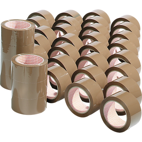 Close-up of brown packing tapes stacked on a white background. The tapes are ready to pack.