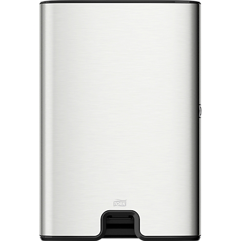 Een zilveren papieren handdoekdispenser met een zwarte uitlaat en het Tork-merklogo.
