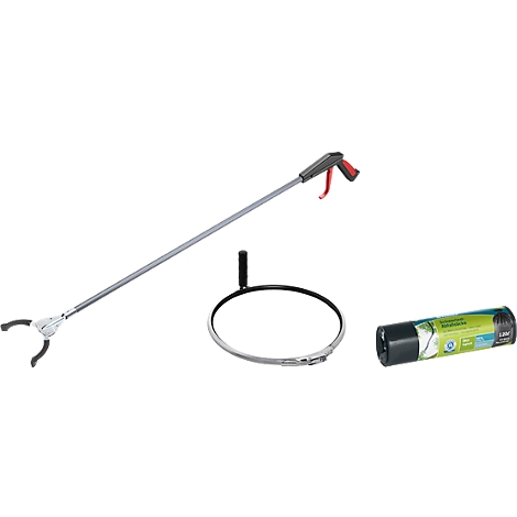 Garbage picker, trash bag holder and trash bag, ready for collecting trash.