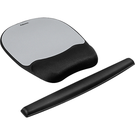 Gray mouse pad with wrist rest and black palm rest. The mouse pad has the Fellowes logo.