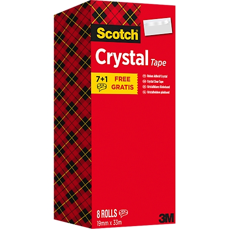 Red box with "Scotch Crystal Tape" written on it, 7+1 free. Plaid pattern on the left, text in multiple languages on the right.
