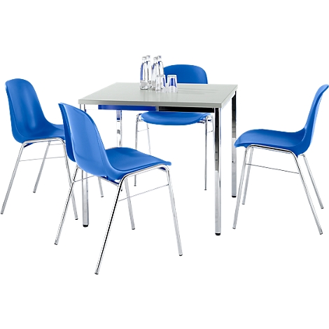 Dining table with four blue chairs. Bottles and glasses are on the table.