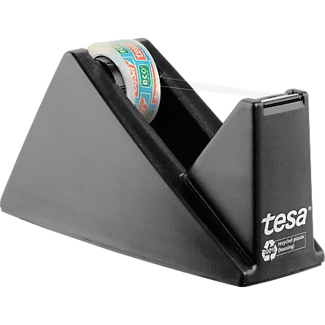 Black tesa tape dispenser with a roll, labeled with logo and recycling information. Transparent tape is being unrolled.
