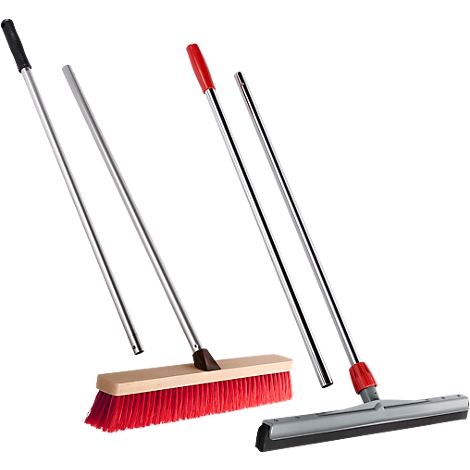 Broom and squeegee, metal handles, red bristles, wiper blade.