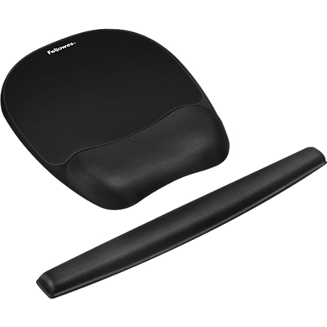 Black ergonomic mouse pad with wrist rest and separate palm rest.