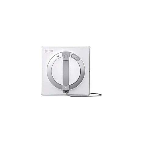 Quadratischer weißer Fensterputzroboter mit grauem Griff und Bedienknöpfen, Kabelanschluss.