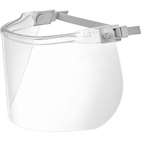 Visière transparente avec bandeau gris et détails.