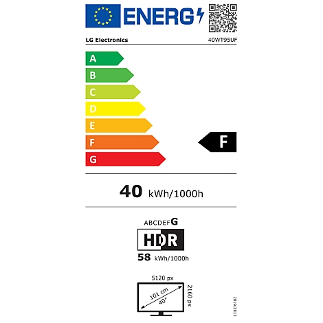Étiquette énergétique UE pour téléviseur LG, classe F, consommation d'énergie 40 kWh/1000h.