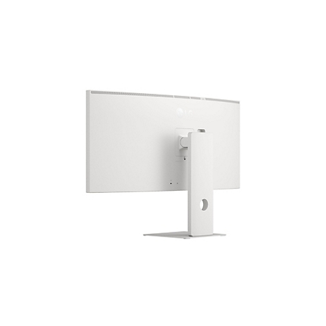 Vue arrière blanche d'un moniteur LG avec pied sur fond clair.