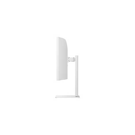 Vue latérale d'un moniteur blanc sur un pied fin sur fond blanc.