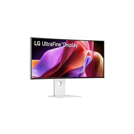 Moniteur incurvé LG UltraFine sur support blanc sur fond neutre.