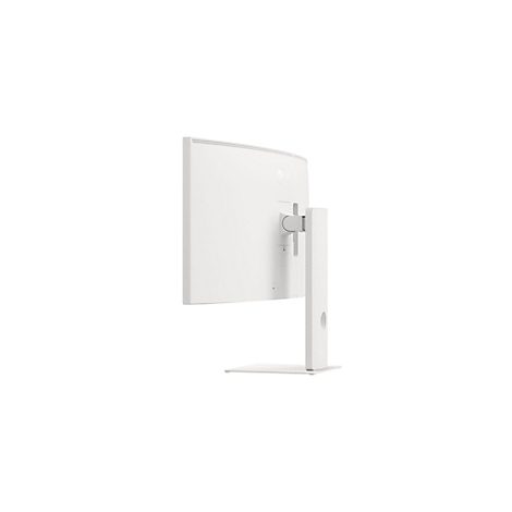 Vue arrière blanche d'un moniteur incurvé sur pied devant un fond blanc.