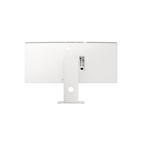 Vue arrière d'un moniteur LG blanc avec socle et ports visibles sur fond blanc.