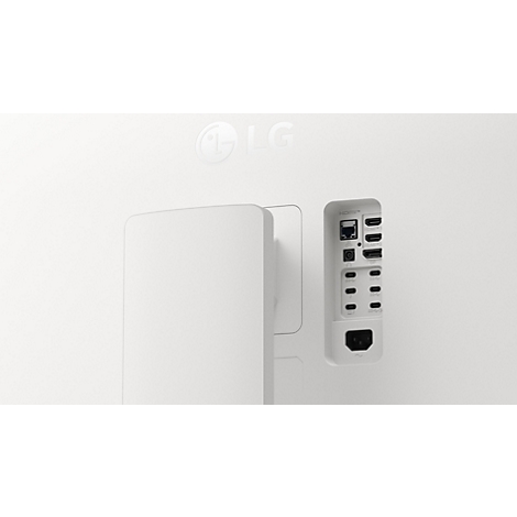 Dos d'un écran LG blanc avec les ports de connexion et le logo visibles.