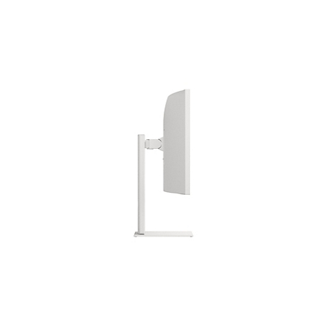 Vue latérale d'un écran d'ordinateur blanc et fin sur un support moderne sur fond blanc.