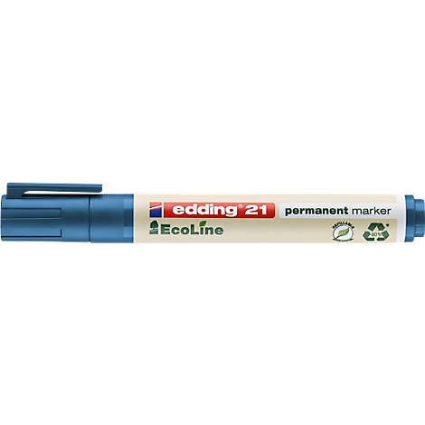 Blauer Edding Permanentmarker, Schriftzug "edding 21 permanent marker", Ecoline.
