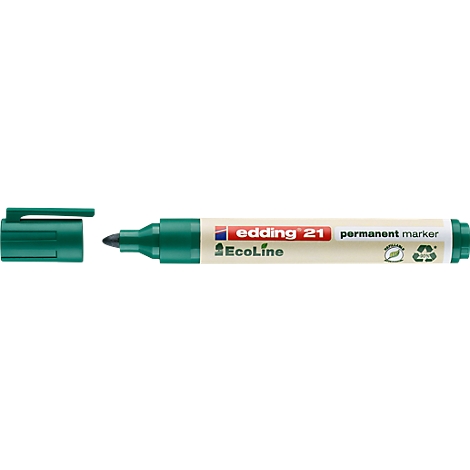Ein grüner Edding-Filzstift, der Deckel ist abgezogen. Auf dem Stift steht Edding 21 und permanent marker.