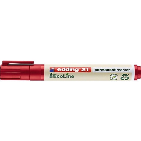 Roter Edding 21 Permanentmarker mit rotem Verschluss, auf dem "edding 21 permanent marker" steht.