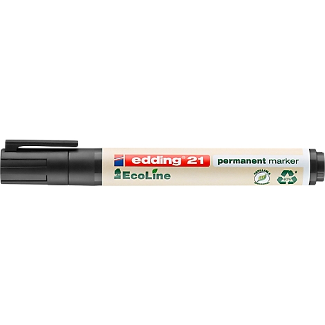 Ein schwarzer Edding 21 Permanentmarker mit rotem und grünem Logo und Schriftzug.