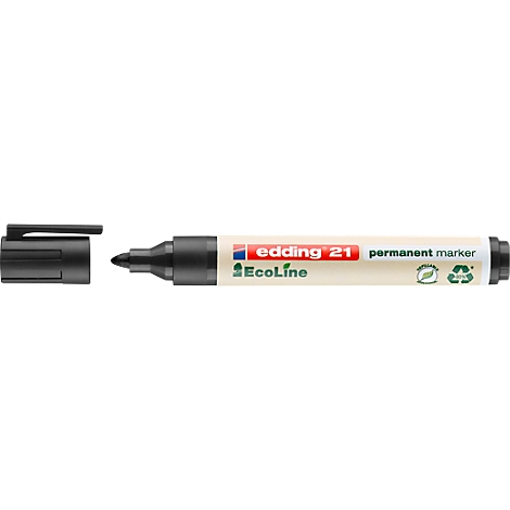 Schwarzer Edding Permanent Marker mit geöffneter Kappe; Aufschrift: "edding 21 permanent marker EcoLine".