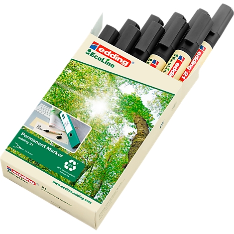 Eine Schachtel Edding EcoLine Permanent Marker. Schwarze Stifte mit schwarzer Kappe. Die Verpackung zeigt ein Waldmotiv.