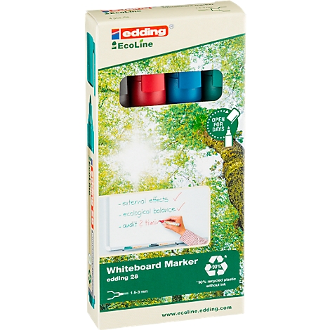 Weiße Tafelmarker in einer Schachtel. Oben sind die Farben sichtbar, darunter ein grüner Rahmen und ein Baum-Hintergrund. Eine Hand schreibt auf eine Tafel.