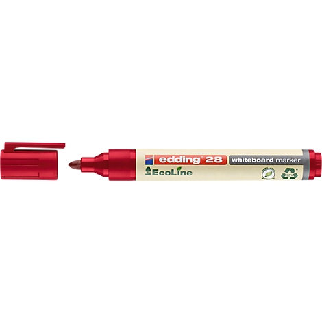 Roter Whiteboardmarker mit offener Kappe, Schriftzug Edding 28 EcoLine.