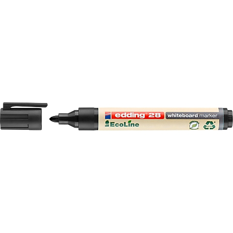 Ein schwarzer Edding Whiteboardmarker, die Kappe liegt daneben. Aufschrift: "edding 2B whiteboard marker Ecoline".
