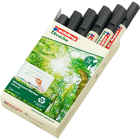 Edding Ecoline Whiteboard Marker in Verpackung. Aufdrucke und Naturmotiv. Stifte liegen schräg im Karton.