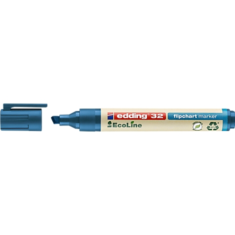 Blauer Flipchart-Marker von Edding, Kappe geöffnet. Aufschrift: edding 32, EcoLine.