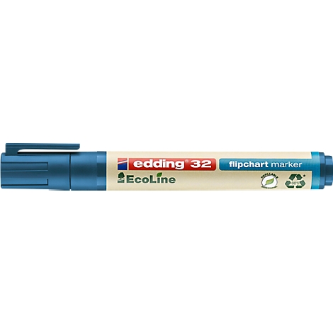 Blauer Edding Flipchart Marker, mit rotem Logo. Der Stift trägt die Aufschrift 'Edding 32' und 'Ecoline'.