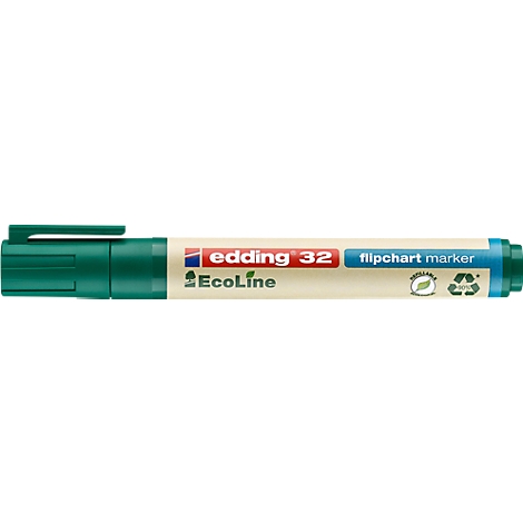 Grüner Edding 32 Flipchartmarker mit Logos. Das Produkt zeigt auch das Ecoline-Logo, sowie zwei weitere Logos für Nachhaltigkeit.