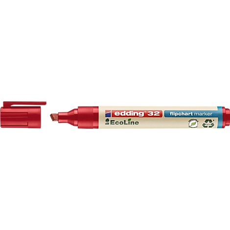Nahaufnahme eines roten Edding 32 Flipchart-Markers mit geöffneter Kappe. Text: Edding 32, Ecoline, Flipchart Marker.