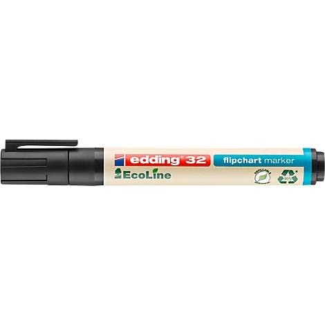 Ein schwarzer Edding 32 Flipchart Marker, mit roter und blauer Beschriftung. Aufschrift: Edding 32 flipchart marker EcoLine.