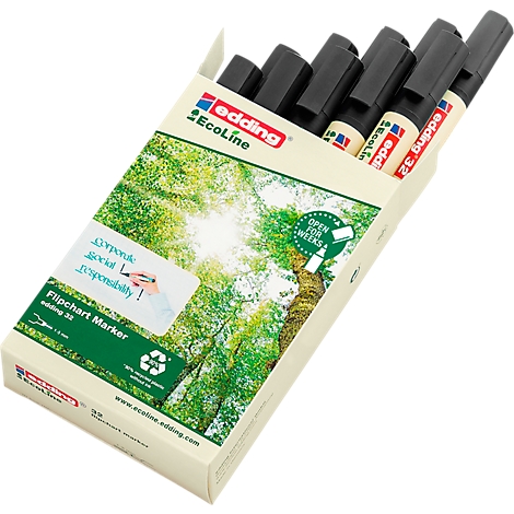 Eine Packung schwarzer Edding Flipchart Marker, geöffnet. Die Verpackung zeigt ein Waldmotiv und Text.