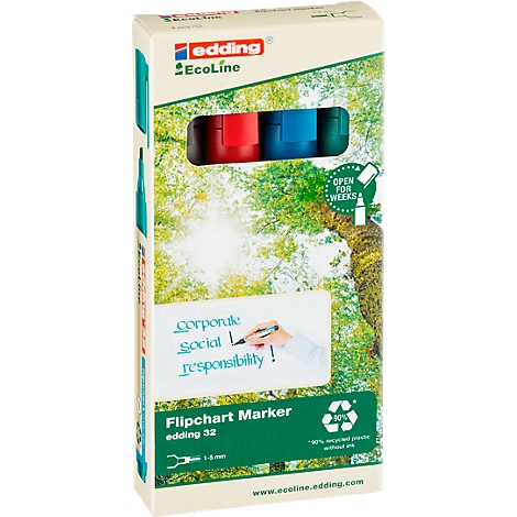 Eine Packung Edding EcoLine Flipchart Marker mit roter, blauer und grüner Tinte, vor einem Hintergrund von Bäumen.