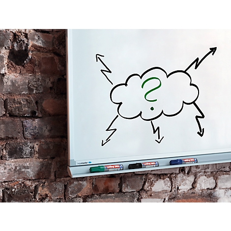 Whiteboard met wolk, vraagteken en pijlen. Pennen eronder.