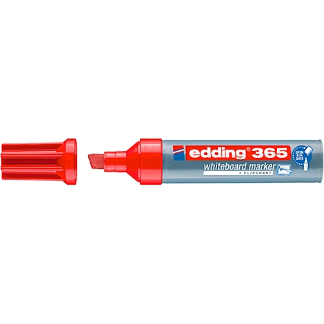 Close-up van een rode Edding 365 whiteboard marker met de dop verwijderd.