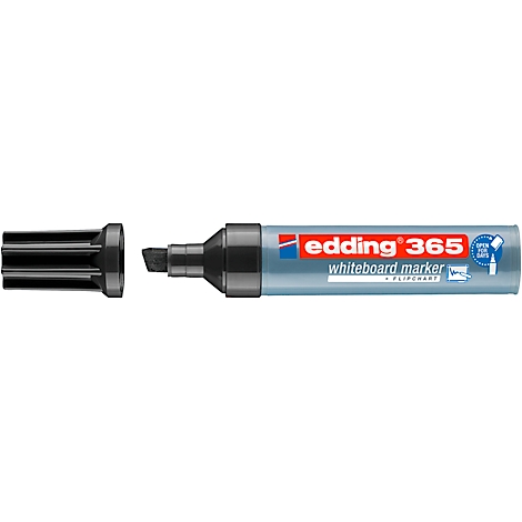 Een open, zwarte Edding 365 whiteboard marker, met de dop ernaast. De marker heeft een grijze schacht met rode letters.