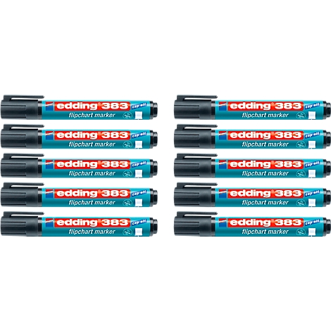 Close-up of twelve Edding 383 flipchart markers lying side by side. The pen has a black body and a blue part with the word "edding" and the model number "383".
