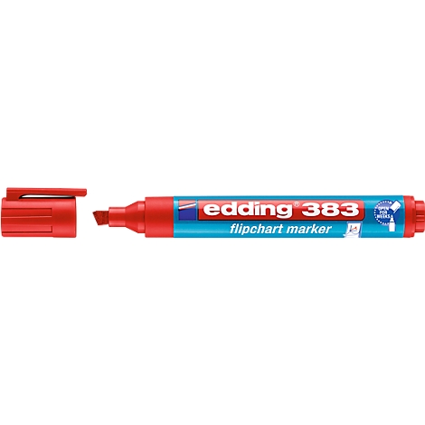 A red Edding 383 flip chart marker with open cap. The pen reads "edding 383 flipchart marker".
